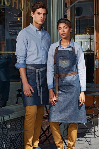 Premier Division - Waxed look denim bib apron with faux leather